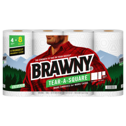 Brawny Tear-A-Square Paper Towels, Double Rolls, 2 Ply