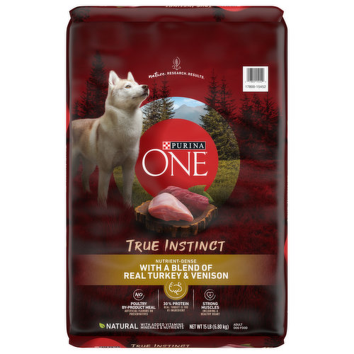 Give your dog the nutrition he instinctually craves when you serve Purina ONE True Instinct With a Blend Of Real Turkey and Venison adult natural dry dog food with added vitamins, minerals and nutrients. With 100 percent nutrition and 0 percent fillers, every ingredient in this wholesome dog food has a purpose. We start our high protein dog food recipe with real turkey as the number 1 ingredient and include real venison. They help to deliver 30 percent protein, which helps support your active dog’s strong muscles, including his healthy heart. We also craft our natural, high quality dog food with added vitamins, minerals and nutrients and with no poultry by-product meal or artificial flavors or preservatives to meet your high standards. Along with a highly digestible formula that lets more nutrition go to work inside your pal, this nutrient-dense recipe also features natural sources of glucosamine to support joint health for dogs. Plus, a crunchy kibble texture and added calcium helps support his strong teeth and healthy gums. To make mealtime even more enjoyable, our complete and balanced adult dog food features two times the meaty morsels compared to our Purina ONE Lamb and Rice formula. With natural nutrition backed by research and crafted by a veterinarian-recommended brand, Purina ONE True Instinct With a Blend Of Real Turkey and Venison dog food lets you get back to feeding your dog the way nature intended.