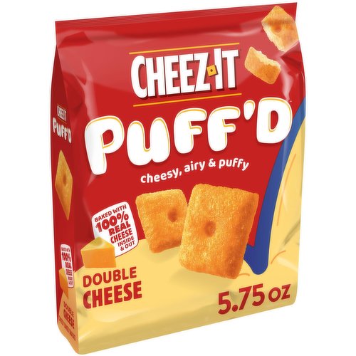 Taste the fun of puffy and airy, bite-sized squares baked with 100% real cheese inside and out. Includes One, 5.75-ounce bag of Cheez-It Puff’d Double Cheese Cheesy Baked Snacks. Double cheese means double flavor and double fun. This snack satisfes your senses with an irresistible crunch followed by melt-in-your-mouth cheesiness that kids and adults crave. Baked with 100% real cheese into every puffy cracker for maximum tastiness; Pack Cheez-It Puff’d in your home pantry for an afternoon pick-me-up or after school snack. Great as a bite when hanging out with friends. Stock up on bags of this family favorite snack food for TV watching, gaming, play time, or anytime. Hungry for a snack that won’t weigh everyone down? Serve up fun with crisp, crunchable, always munchable Cheez-It Puff’d Cheesy Baked Snacks.