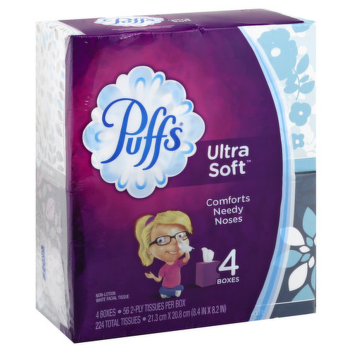 224 total tissues. 21.3 cm x 20.8 cm (8.4 in x 8.2 in). 56 2-ply tissues per box. Comforts needy noses. www.pg.com. www.puffs.com. FSC: Mix - Paper from responsible sources. www.fsc.org. Rainforest Alliance Certified. Made in the USA from domestic and imported materials.