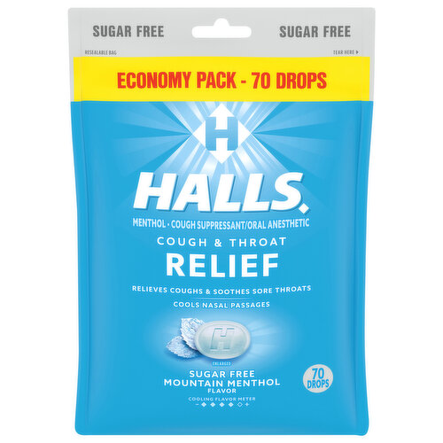 Halls Cough & Throat Relief, Sugar Free, Mountain Menthol Flavor, Economy Pack