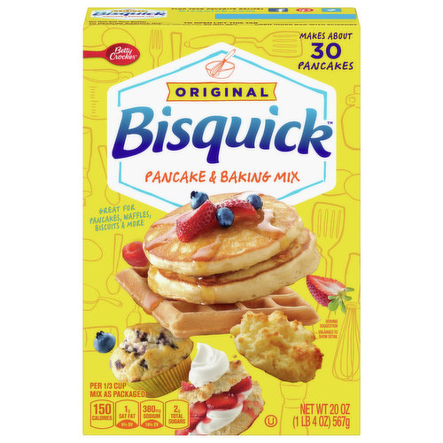Make quick and easy family breakfast favorites with Betty Crocker Bisquick Original Pancake & Baking Mix. This versatile baking mix can be used for biscuits, muffins, pancakes, waffles and even pie. From hot, fluffy pancakes to mouthwatering waffles, bake restaurant-worthy breakfast dishes with this all-purpose baking mix. Just add milk and eggs to start crafting a family-friendly breakfast spread. Serve your creations with a buffet of delicious toppings like syrups, whipped cream, sliced fruit, peanut butter and more. It's time to start a new family tradition. 

Bisquick has been creating family favorites since 1931. Use Betty Crocker Bisquick Original Pancake & Baking Mix for delicious and easy-to-prepare breakfast dishes for any time of the day.
