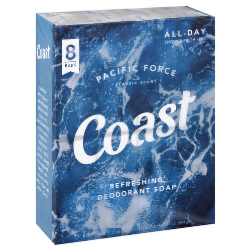 Coast Deodorant Soap, Refreshing, Pacific Force Classic Scent, 8 Pack