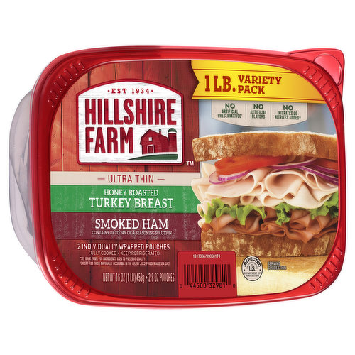 Hillshire Farm Ultra Thin Sliced Deli Lunch Meat, Honey Roasted Turkey Breast and Smoked Ham, 16 oz