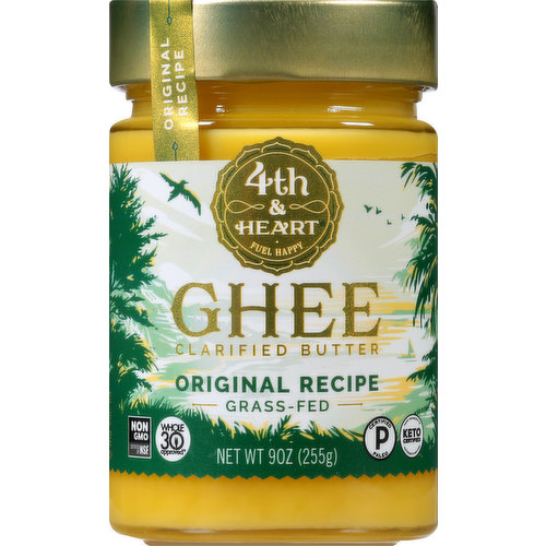 Certified Paleo. This product is Keto Friendly certified. ketocertified.com. Lactose free. Gluten-free Certified. Non GMO. Certified by NSF. Grass-fed. Fuel Happy. What is Ghee? Ghee is a lactose-free, superfood alternative to other everyday butter, butter alternatives, and cooking oils that is made by simply cooking and filtering butter. Use every day for a happier you. Perfect for: Saute; eggs; toast. 485 degrees F high smoke point. Made from cows not treated with rBST (no significant difference has been shown between milk derived from rBST-treated and non-rBST-treated cows. For more Non-GMO info visit: http://nsfnongmo.org/) pasteurized-raised. Whole 30 approved. Twitter. Instagram. Facebook. (at)fourthandheart. For more cooking tips visit fourthandheart.com. Please reuse or recycle this container. Proudly made in California.
