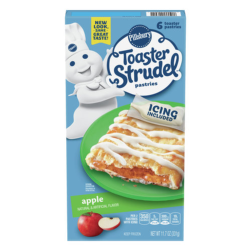 Natural and artificial flavor. Per 2 Pastries with Icing: 350 calories; 5 g sat fat (27%); 300 mg sodium (13%); 19 g total sugars. Contains bioengineered food ingredients. Learn more at Ask.GeneralMills.com. New look, same great taste! Icing included. www.TaosterStrudel.com. how2recycle.info. Questions? Comments? Save package and visit us on our website or call at 800-949-3990. www.toasterstrudel.com. Box Tops for Education: No more clipping. Scan your receipt. See how at btfe.com.