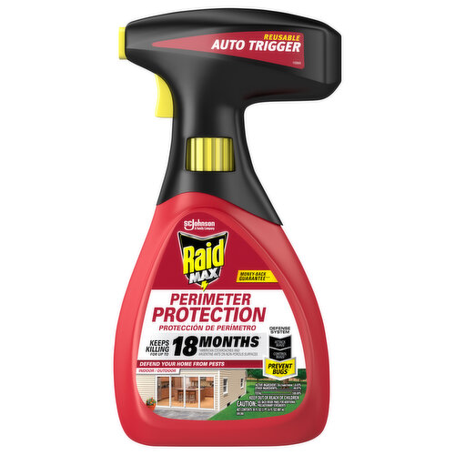 Reusable. Auto trigger. SC Johnson - A Family Company. Keeps killing for up to 18 months (American cockroaches and Argentine ants on non-porous surfaces). Defense system. Attack bugs (Use a Raid ant or roach killer spray product to kill listed bugs on contact. Read the label to find the right product for your bug problem). Control bugs (Use a Raid ant or roach bait product to kill ants or roaches where they hide. For heavy infestations, first use a Raid Fogger or fumigator product and then place baits to provide ongoing control. Read the label to find the right product for your bug problem). Prevent bugs (Use to keep listed bugs out, Spray outdoors, around doors, windows, and along your home's foundation. Spray indoors along floor boards, door and window frames. Use in hard-to-reach places where long term control is needed). Defend your home from pest. Indoor/outdoor. Non-staining (test in an inconspicuous area before applying). Leaves no odor or oily residue. Defense system. Helps you work smarter, not harder, to fight bugs. Remove food spills and exposed food. Store food in sealed containers. Caulk cracks and crevices where bugs enter or escape into walls, including entry points from outside or neighboring units. Kills: ants; fleas; flies; gnats; roaches; ticks; silverfish; crickets; spiders; scorpions; mosquitoes; centipedes; firebrats; small flying moths; stink bugs; sowbugs; ground beetles; boxelder bugs. A family company since 1886. Fisk Johnson.