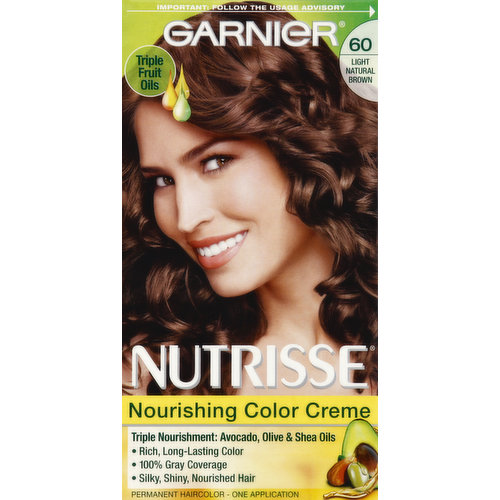 Nourishing color creme. Triple fruit oils. Triple Nourishment: avocado, olive & shea oils. Rich, long-lasting color. 100% gray coverage. Silky, shiny, nourished hair. Acorn. Nourished hair, better color. Experience Garnier Nutrisse, the only color creme with grape seed oil and a nourishing avocado + olive + shea conditioner. It gives your hair rich, radiant color from root to tip with 100% gray coverage. Nourishing: Nutrisse, with a separate ampoule of grape seed oil, starts nourishing while you color. Its unique formula protects against dryness while locking in your radiant color and moisture. Our nourishing conditioner, with avocado, olive and she oils, gives you silky, soft, healthy-looking hair. In a convenient reusable bottle. Fruit oil concentrate. Easy Application: Enjoy coloring your hair with Garnier Nutrisse. The non-drip creme formula spreads easily and smells great while you color. Garnier cares. Terracycle. We have teamed up with TerraCycle to help keep beauty products out of landfills! Join a Beauty Brigade and help us create a cleaner, greener future. Sign up at garnierusa.com/green. This paper has been certified to meet the environmental and social standards of the Forest Stewardship Council. This Garnier carton is recyclable. Take care. Please recycle. FSC: Mix - Packaging from responsible sources. www.fsc.org. Find your haircolor result. Not recommended for hair that has previously been colored dark brown or darker. Find your perfect shade. Visit garnierusa.com/shadeselector. The shade selector by Garnier. garnierUSA.com. Questions? Garnier Nutrisse has expert color consultants to help you. Call: 1-800-4garnier (1-800-442-7643) or visit www.garnierusa.com. Made in Mexico.