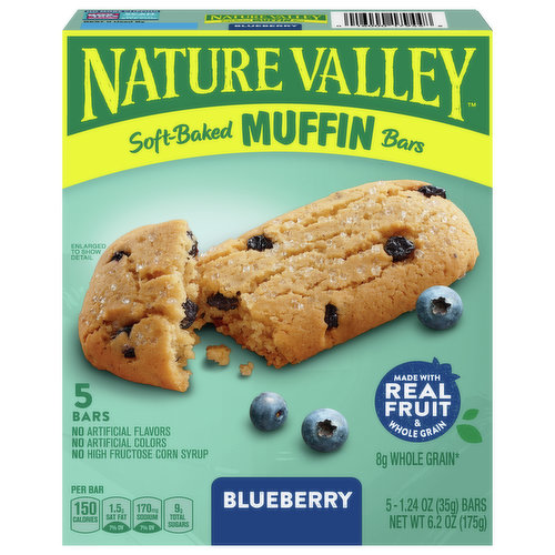 Nature Valley Muffin Bars deliver the soft, moist texture of traditional muffins in a portion-controlled, convenient form. Baked with real fruit, like juicy blueberries and sweet apples, and whole grains, these bars marry wholesome, real ingredients with bakery-fresh flavor to deliver tasty goodness that won't weigh you down. These Nature Valley Muffin Bars are individually packaged so that you can enjoy them anywhere, at anytime. Pair one with a warm beverage for a relaxed breakfast at home or take one with you for a subtly sweet, healthy treat on-the-go - regardless of your routine, these bars will be a fit.