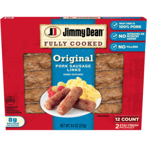 Jimmy Dean Fully Cooked Original Pork Breakfast Sausage Links are made with premium pork and seasoned to perfection with our signature blend of spices. These savory breakfast sausage links have 8 grams of protein per serving. These sausage links are simple to prepare and ready in minutes. Serve these breakfast sausages with eggs and toast for a traditional breakfast or with biscuits and gravy for brunch.