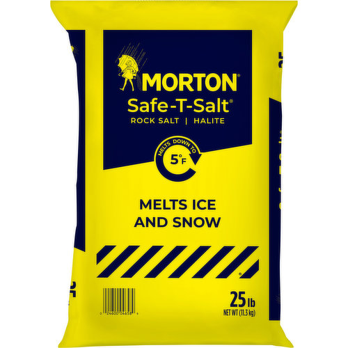 Melts ice and snow. Melts down to 5 degrees F. Morton Safe-T-Salt is an economical way to help remove ice and snow. It can also provide traction when applied under the wheels of a vehicle stuck in snow or ice. It's what you expect from Morton - brand you trust. Freight shipping meeting requirements of applicable freight classification guaranteed by Hood Packaging Corporation. www.mortonsalt.com. how2recycle.info. Want a safer choice for your pets? Try Veterinarian recommended. Morton Safe T Pet. Safer for pets and their paws than plain salt and is salt and chloride free.