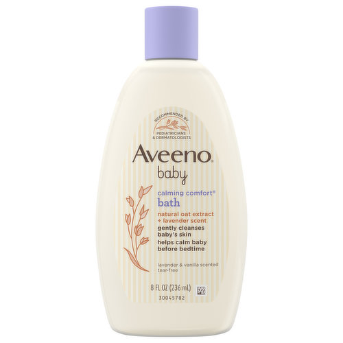 Aveeno Baby Calming Comfort Bath & Body Wash contains scents of lavender and vanilla - known for their calming and relaxing properties. Made with skin-soothing natural oat extract, this lathering baby bath and body wash is specially formulated for infants and is free of parabens, phenoxyethanol, sulfates and phthalates. The gentle formula of this bedtime baby bath cleanses and moisturizes baby's delicate skin and hair and is clinically proven to calm and comfort fussy infants when combined with a warm bath so baby sleeps restfully. From Aveeno, a pediatrician- and dermatologist-recommended brand, Aveeno Baby Calming Comfort Lavender scent Bath is tear-free, soap-free, non-drying, and gentle enough for everyday use during baby bath time as either a hair and body cleanser or calming bath.