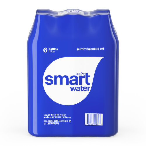 smartwater vapor distilled premium water bottles, 1 Liter, 6 Pack