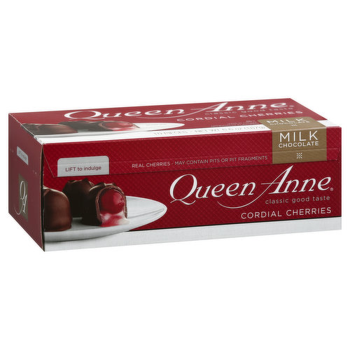 Artificially flavored. Classic good taste. For over 65 years, Queen Anne Cordial Cherries remains the premier sweet indulgence. Whether one bite or two - get ready for classic good taste. www.queenannecandy.com. Facebook: fb.com/queenannecordials. Twitter: (at)CordialQA. Tell us how we did! Share your feedback, comments, and questions with us. Please include the UPC below and the code date printed on the vertical side of the box. Phone: 888.821.8452, Option 5. Please visit us at www.queenannecandy.com. 100% recycled paperboard. Minimum 35% post consumer content.