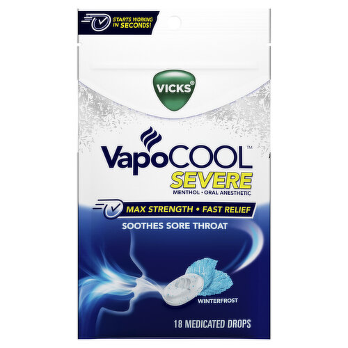 Vicks Severe Vicks VapoCOOL SEVERE Medicated Sore Throat Drops, Fast-Acting Max Strength Relief, Soothes Sore Throat Pain Caused by Cough, Powerful Vicks Vapors, Menthol, Winterfrost Flavor, 18ct