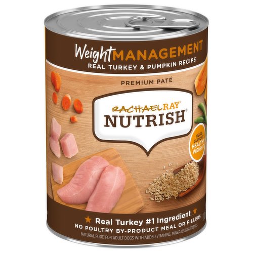 Calorie Content (Calculated): Metabolizable Energy (ME) 1,050 kcal/kg; 385 kcal/can. Rachael Ray Nutrish Weight Management Real Turkey & Pumpkin Recipe Dog Food is formulated to meet the nutritional levels established by the AAFCO Dog Food Nutrient Profiles for maintenance.