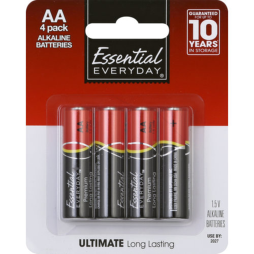 1.5 V. Guaranteed for up to 10 years (when stored in a cool dry place) in storage. Ultimate long lasting. Great products at a price you'll love - that's Essential Everyday. Our goal is to provide the products your family wants, at a substantial savings versus comparable brands. We're so confident that you'll love Essential Everyday, we stand behind our products with a 100% satisfaction guarantee. 100% Quality Guaranteed: Like it or let us make it right. That's our quality promise. 877-932-7948. essentialeveryday.com. Made in China.