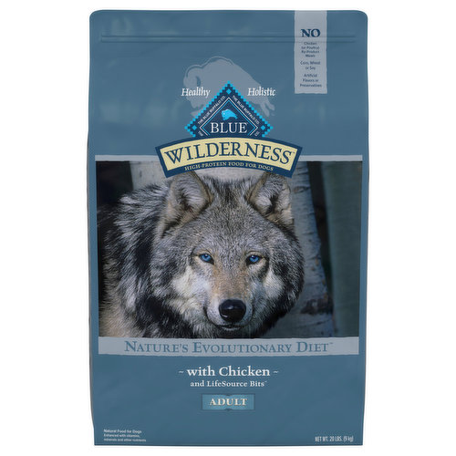 BLUE Wilderness™ natural dry dog food satisfies the spirit of the wolf in your canine with more of the meat dogs love. This high protein, grain free formula starts with delicious, protein-rich chicken, features antioxidant-rich LifeSource Bits® and is enhanced with vitamins, minerals and other nutrients. Specially formulated for adult dogs, the high-quality protein plus complex carbohydrates from fruits and vegetables help support your dog’s energy needs.