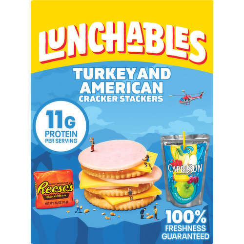 Lunchables Turkey & American Cracker Stackers Lunch Combinations are the perfect on-the-go lunch while letting kids have fun with their food. Each convenient lunch kit includes Oscar Mayer Lean Turkey Slices, Kraft American pasteurized prepared cheese product, crackers and Capri Sun Pacific Cooler Juice Drink. A Reese's Peanut Butter Cup serves as a delicious dessert. Our turkey and cheese crackers kit is a fast and fun option for school lunch, picnics, or on-the-go snacking. Every lunch kit provides a good source of calcium and protein per serving, with 11 grams of protein per serving. Keep Lunchables Turkey and Cheese Crackers refrigerated.