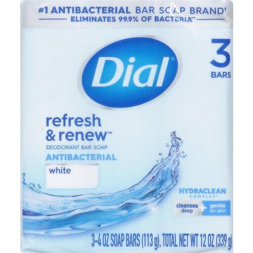 Dial Antibacterial Bar Soap, Refresh & Renew, White, 4 oz, 8 Bars