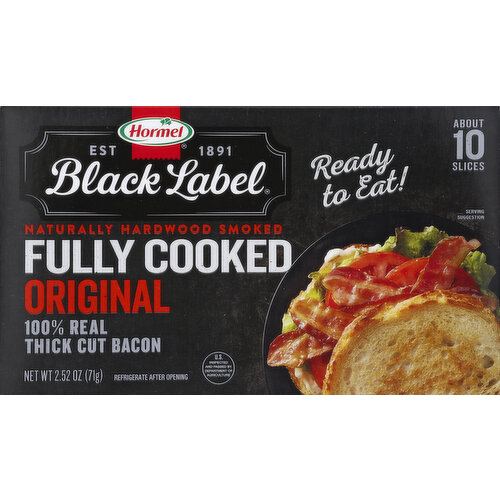 About 10 slices. Naturally hardwood smoked. 100% real thick cut bacon. Ready to eat! US inspected and passed by Department of Agriculture. Est. 1891. www.hormel.com. Gluten free. Create something out of the ordinary. Facebook.com/BlackLabelBacon. Twitter at BlackLabelBacon. Instagram at BlackLabelBacon. Pinterest.com/BlackLabelBacon.