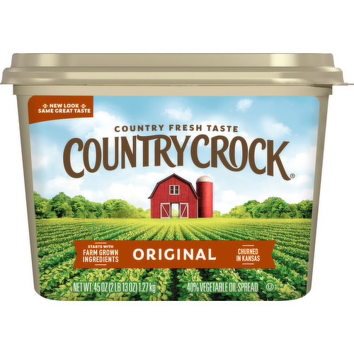 0 g trans fat per serving. Per Serving: Country Crock: 50 calories; 6 g fat; 1.5 g sat fat; 0 mg cholest. Dairy Butter: 100 calories; 11 g fat; 7 g sat fat; 30 mg cholest. See nutrition information for fat and saturated fat content. Gluten free. New look same great taste. Real taste from real ingredients. Starts with farm grown ingredients. Churned in Kansas. No artificial preservatives or flavors. Here at Country Crock we start with farm grown ingredients slow-churned in Kansas. Bring a taste of the country to your table. countrycrock.com. how2recycle.info. For questions/comments, visit us at: countrycrock.com. Country Crock is committed to sustainable palm oil. For more information see countrycrock.com.