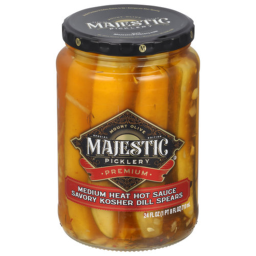Mt Olive Majestic Picklery Kosher Dill Spears, Savory, Medium Heat Hot Sauce, Premium