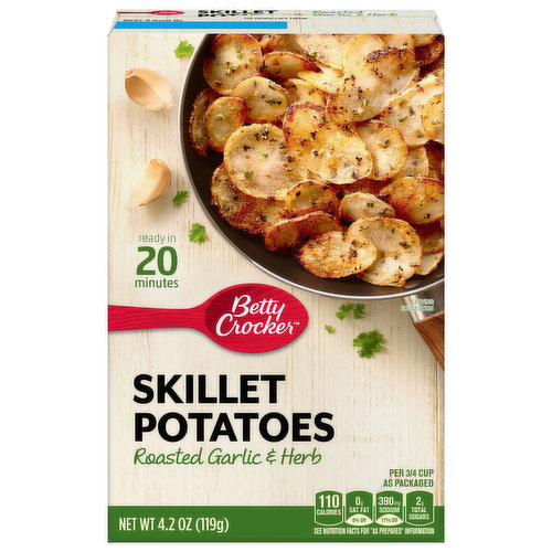 Inspired by classic recipes, Betty Crocker Skillet Potatoes Roasted Garlic & Herb are golden, pan-fried thinly sliced potatoes that crisp up quickly and consistently in 20 minutes. These 100% real, skin-on potatoes deliver the balanced and developed flavor of sliced and seasoned fresh potatoes families love with a fraction of the complexity.