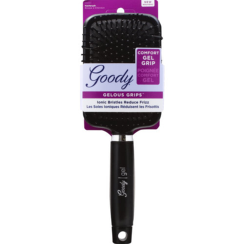 Ionic bristles reduce frizz. Comfort gel grip. New. The perfect brush for daily styling that features a comfort gel handle and ion infused bristles that work with your hair dryer to alleviate annoying static, leaving your hair shiny, glossy and frizz-free. Facebook. Instagram. Look good, (hashtag)FeelGoody (at)goodyhair & goody.com. We would love to hear from you: 1.800.241.4324. Made in China.