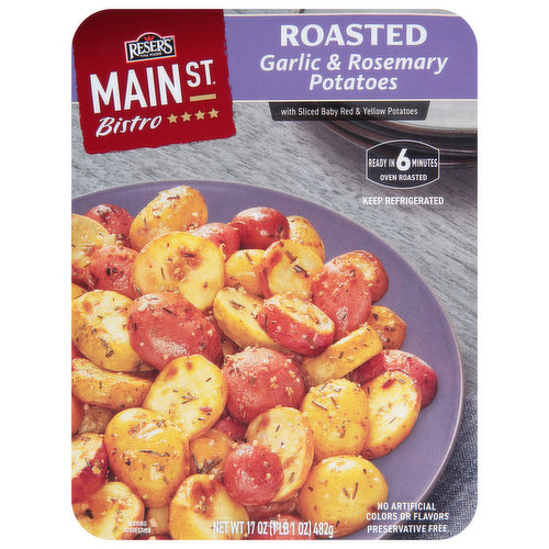 Make dinner memorable with the made-from-scratch taste of Main St Bistro Roasted Sea Salt & Black Pepper Potatoes.  This delicious oven roasted side dish is ready in minutes so it pairs quickly and easily with your favorite entree.  A medley of oven roasted sliced baby red and yellow potatoes seasoned with sea salt and black pepper.  Heat in the microwave or oven and get that great roasted taste without all of the preparation.