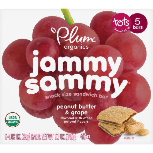 15 months & up. Peanut butter & grape flavored with other natural flavors. 8 g whole grains. USDA Organic. Certified Organic by Oregon Tilth. No genetically modified ingredients. A snackable, packable Sammy. Our Jammy Sammy is a snack size twist on a lunchbox favorite. Each yummy bar is made with oats, whole wheat, and ancient grains that help nourish and fuel kids with great-tasting energy. And, each one is individually wrapped, easy to pock and easy to eat-perfect for when you've gotta jam! Made with oats, whole wheat and ancient grains. Is your toddler ready for Jammy Sammy Bars? Is Your Toddler Ready for Jammy Sammy Bars if He or She: Starts to walk. Self- feeds with finger. Begin using utensils. Bites and chews a variety of textures. www.plumorganics.com. how2recycle.info. Plum donates millions of organic meals & snacks to little one in need. One in five children in America are food insecure. Plum believes every little one deserves to be nourished to her full potential. Certified B Corporation. Using business as a force for good. 100% recycled paperboard. Non-BPA packaging.