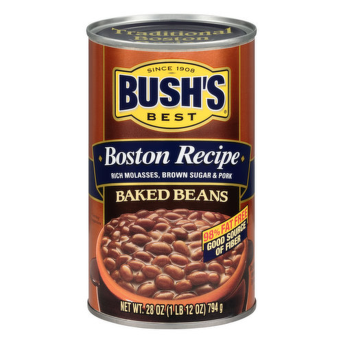 Gluten free. 98% fat free. Good source of fiber. See nutrition information for sodium content. Since 1908. Rich molasses, brown sugar & pork. Traditional Boston recipe. Hot dogs love beans. Like savory love sweet. www.bushbeans.com. 1-800-590-3797 Please refer to the code on end of can. Please recycle.