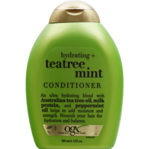 Beauty pure and simple. An ultra hydrating blend with Australian tea tree oil, milk protein, and peppermint oil helps to add moisture and strength. Nourish your hair for hydration and balance. Hair Care System (Includes shampoo and conditioner). Why you want it – this unique blend with active ingredients creates a three-in-one decadent treat. All you need for moist, smooth and seductive hair in one irresistible formula. Our bottles are eco-friendly, manufactured with materials containing recycled post-consumers resin. Not tested on animals. Questions? ogxbeauty.com. Earth friendly. Environmental packaging. Reduce, reuse, recycle. Made in USA.