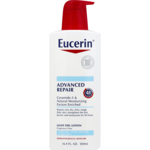 Very dry, itchy, rough, flaky skin. Ceramide-3 & natural moisturizing factors enriched. Moisturizes 48 hours. Repairs very dry, itchy, rough, flaky skin, strengthens the skin barrier and moisturizes for 48 hours. Dermatological skincare. Eucerin Skin Science That Show: For over 100 years, Eucerin has led skin science innovation with an uncompromising commitment to quality. Today, our products are respected and recommended by dermatologists. Trust Eucerin to give you and your family the feeling of confidence that comes from radiant, healthy-looking skin. Advanced repair lotion offers and advanced moisturizing formula that helps very dry, itchy, rough, flaky skin maintain its moisture balance. Ceramide-3 enriched formula to strengthen the skin's protective barrier. Natural moisturizing factors enriched; a combination of moisturizing ingredients naturally found in the skin that intensively hydrate and help prevent dryness from recurring. Non-greasy, fast-absorbing. Dermatologist recommended brand. Fragrances, dye, and paraben-free. Delivers 48 hours hydration. Learn more at www.EucerinUS.com. Questions? Comments? 1-800-227-4703