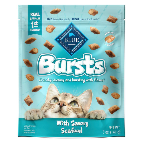 Treat your feline friend to an explosion of flavor and texture with BLUE Bursts. With a crunchy outer shell and a creamy center of mouthwatering fish, these deliriously delicious cat treats are made to keep your kitty purring for more – just shake the bag and cats come running! And with real salmon first and NO poultry by-product meals, these cat treats feature the ingredients you’ll feel good about giving.