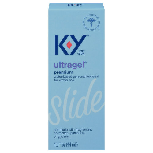 No. 1 doctor recommended brand (Based on IQVIA survey among the category of OTC vaginal lubricants and moisturizers). EST 1904. Not made with fragrances, hormones, parabens, or glycerin.  K-Y Ultragel lube is our premium water-based lube that helps supplement your natural lubrication. The unique formula is non-sticky, non-greasy and non-staining. Not made with fragrance, hormones, parabens or glycerin. Say no to discomfort and oh yes to pleasure with an expertly crafted formula that instantly gets you ready to get it on. Slide into pleasure. Now we're talking. RB - Health. Hygiene. Home. I'm in the mood for a sliding type of lube. Your natural lubrication varies but your comfort doesn't have to. Since 1904, K-Y has been empowering women to have better sex always. Empty container, carton and label are recyclable. Check with your local municipality.