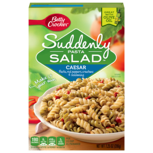 Festive and full of flavor, our Suddenly Salad Caesar recipe combines bi-colored pasta with traditional Caesar ingredients, including red peppers, croutons and Italian seasonings. Just add oil and serve as a side or top with cubed chicken for a main dish; the possibilities are endless.