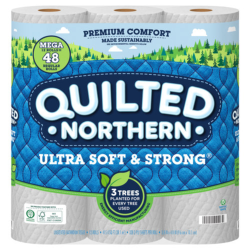 Premium comfort. Made sustainably. Mega 12 rolls = 48 regular rolls. Septic safe. Innovative Manufacturing: Our efficient manufacturing technology - squeezes out more water from the paper before drying (vs. other ultra 2-ply national brands in the drying process on a per-sheet basis). Septic safe - Flushable and septic safe for standard sewer and septic systems. FSC: Mix - Paper from responsible sources. how2recycle.info. Biodegradable. This saves 30% more water and uses 30% less energy (vs. other ultra 2-ply national brands in the drying process on a per-sheet basis). 3 Trees planted for every tree used. Energy efficient manufacturing. We proudly partner with: Arbor Day Foundation. Healthy Forests: Responsibly sourced - Our trees are sourced from well-managed, FSC certified forests and other responsible sources. We partner with the arbor day foundation to restore US forests by planting 2 trees for every tree we use. Additionally, one tree is re-planted by our supplier. Sign up for savings and more at: quiltednorthern.com/savings.