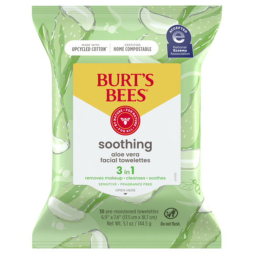 Burt's Bees Facial Towelettes, Aloe Vera, Soothing, 3 in 1