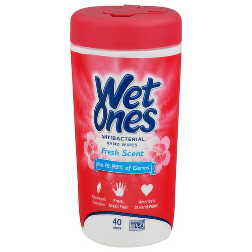 Kills 99.99% of germs (Effective at killing 99.99% of many common harmful bacteria in as little as 15 seconds). Hypoallergenic. Paraben free. Fresh, clean feel. America's no.1 hand wipe (based on Nielsen scan data for 52 weeks ending 1/5/19). Pediatrician tested. Wet Ones Antibacterial Hand Wipes kill 99.99% of germs (Effective at killing 99.99% of many common harmful bacteria in as little as 15 seconds) and wipe away dirt from hands. Specially formulated to be tough and wipe away dirt and germs, yet gentle on skin, they're ideal for quick clean-ups after contact with sticky foods, dirt, and everyday messes. Wet Ones Canisters are great for at home use or on the-go and are designed to fit in most car cup holders for a fresh start anywhere.