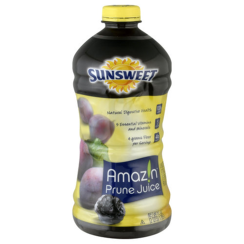 4 grams fiber per serving. 4 g fiber. Prunes/Prune Juice is a gluten free food. 5 essential vitamins and minerals. 5 vitamins. Good source of fiber, B vitamins, potassium naturally. Natural digestive health. Consumers' no. 1 choice. Taste & quality. Enjoy living life to the fullest with the nutrition of Sunsweet Amazin Prune Juice. Each serving of Sunsweet Amazin Prune Juice is a good source of fiber and provides 5 essentials vitamins and minerals to help maintain digestive health. When your digestive system is in balance, you feel good and perform at your best. Our family of farmers takes great pride in growing the highest quality, best tasting prunes that go into Sunsweet Amazin Prune Juice. So go ahead and make Sunsweet Amazin Prune Juice in a part of your day because it feels good to feel good. A water extract of dried prunes. Pasteurized. For questions or comments call: 1-800-417-2253, 9 am - 6 pm EST, Mon - Fri. Fruit & veggies more matters.