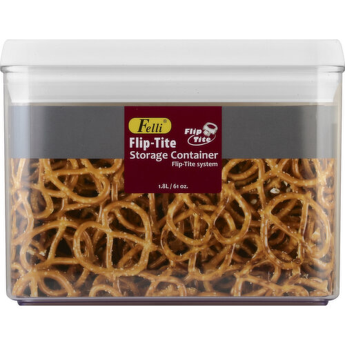 1.8 lt. Flip-Tite system. So easy! Open and close securely with 2 fingers. The base of this container is dishwasher safe. Hand wash lid and dry throughly. No BPA. Dishwasher safe, top rack: Base only. Flip ring up to open. Flip ring down for seal. Shatterproof and BPA free. Dry storage system. Easy operation. Stackable. Dishwasher safe. See through content. Recommended for dry goods. Food safe. Made in Taiwan.