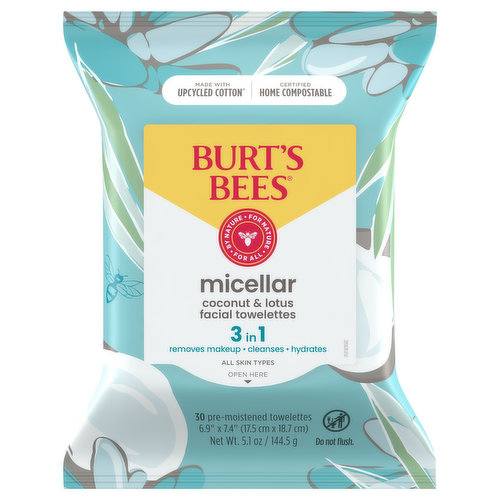 Burt's Bees Facial Towelettes, Micellar, Coconut & Lotus, 3 in 1