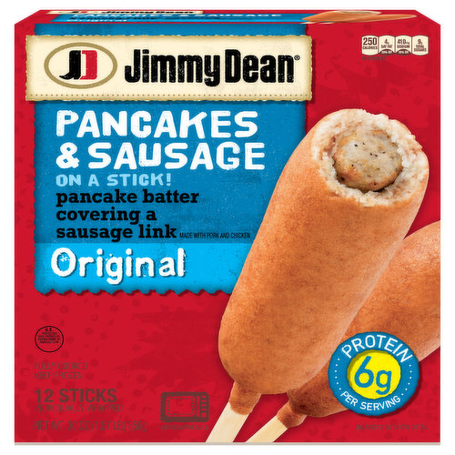 Jimmy Dean Pancakes and Sausage on a Stick Frozen Breakfast is the deliciously perfect addition to your morning routine. This convenient kids breakfast features a savory sausage linked wrapped in a pancake batter covering. Made with pork and chicken, the original flavor in Jimmy Dean breakfast meals can't be found anywhere else. Keep frozen for ideal freshness.