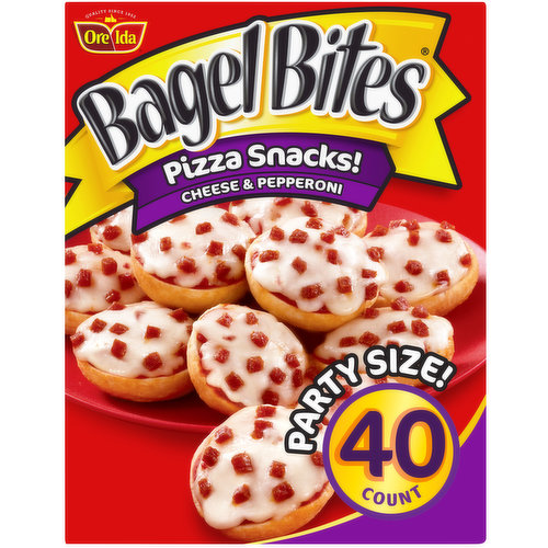 Bagel Bites Cheese & Pepperoni Pizza Snacks offer a quick and easy snack that kids love and parents can easily serve. Our mini pizza bagels are topped with cheese, pepperoni made with pork and chicken added, and sauce for a mouthwatering flavor that excites taste buds. Whenever you serve our mini pizza bagels, they're always a hit. Try our frozen appetizers at a party or as an after school snack. Each serving of Bagel Bites has 7 grams of protein per serving and contains 0g trans fat per serving, and contains no artificial flavors or high fructose corn syrup. Bake them in the oven or toaster oven for a crispy finish, or microwave them for a quick snack. Each 40-count box of Bagel Bites Cheese & Pepperoni Pizza Snacks includes a convenient microwavable crisping tray for easy prep. Keep these mini pepperoni pizza bagels frozen until ready to eat.