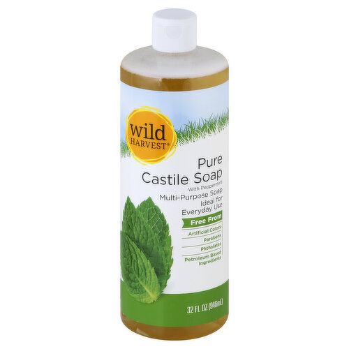 Multi-purpose soap. Ideal for everyday use. Free from: artificial colors; parabens; phthalates; petroleum based ingredients. Live Free with Wild Harvest: Wild Harvest Pure Castile Soap with Peppermint can be used as a body wash, shampoo, soothing bath soak, facial cleanser, and hand soap. Not tested on animals. Please recycle. To learn more about Wild Harvest products, including our full line of organic products, please visit www.mywildharvest.com. 100% Quality Guaranteed: Like it or let us make it right. That's our quality promise. mywildharvest.com. Made in USA.