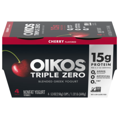 Oikos Triple Zero Yogurt, Nonfat, Blended, Greek, Cherry Flavored, 4 Pack