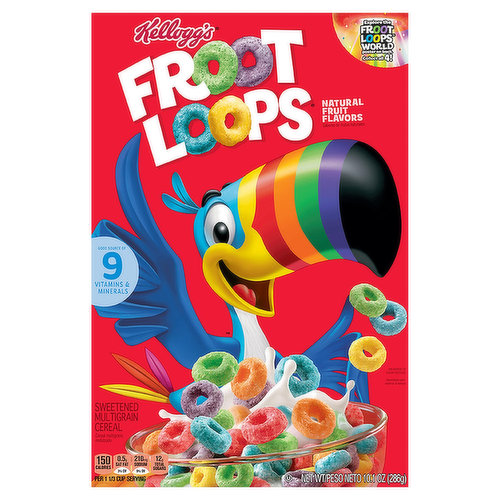 Follow your nose to delicious bursts of fruity flavor in Kellogg's Froot Loops sweetened multi-grain breakfast cereal. Dig into vibrant, colorful crunchy O's made with tasty, natural fruit flavors and grains as the first ingredient. It's like a rainbow in every bowl. Fun to eat for adults and kids, this low-fat cereal is a good source of 9 vitamins and minerals per serving. The entire family can enjoy a bowl with milk or a dairy alternative in the morning, afternoon or as a late-night treat; perfect for snacking by the handful at work, at school, in the car, and simply on the go. Add fruity goodness to any lunch box, tote bag or backpack so you always have this sweet cereal treat handy. Any time you want to include a flavorful pick-me-up in your day, reach for a box of Kellogg's Froot Loops cereal.