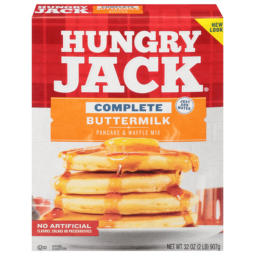 New look! Just add water. Pancakes make people happy. For over 70 years Hungry Jack has been working hard to give you easy ways to enjoy simple, delicious meals that satisfy. There's no frills or fuss, just the great taste of hearty meals that turn out right every time. So pull up a chair and dig into delicious. Please recycle.
