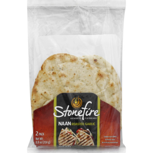 Authentic flatbreads. No artificial preservatives. Tandoor oven baked (Baked in our patented Tandoor tunnel oven). Authentic taste. Hand-stretched and tandoor oven-baked to honor 2,000 years of tradition. Do you dip, top or drizzle - spread or wrap. Snacks, apps, breakfast, lunch, dinner, & desserts. How will you (hashtag)BakeItYours. Facebook; Instagram; Pinterest; Twitter. stonefire.com. Questions or comments? Contact us (at) www.stonefire.com. Product of Canada.